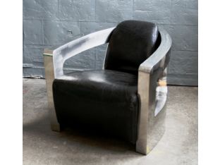 Black Leather Club Chair with Curved Metal Arms