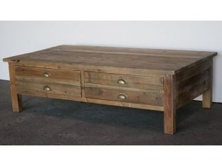 Bleached Pine Coffee Table with Drawers and Antique Brass Hardware