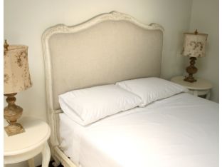 Antique Cream French Style Queen Bed with Natural Linen Upholstery 