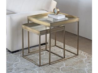 Set of 2 Antique Brass Nesting Tables with Glass Top