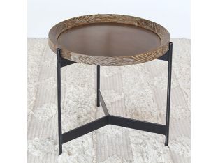 Round Seared Oak End Table with Black Iron Base