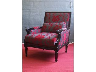 Black Lacquer Club Chair with Red and Gray Cut Velvet