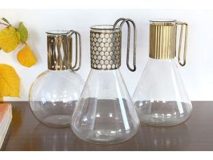 Set of 3 Mid-Century Pyrex Glass and Brass Decanters, Vintage 1950's