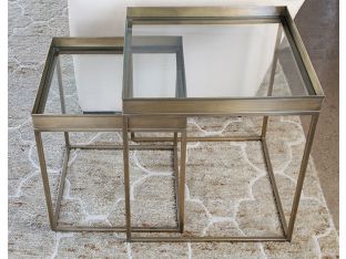 Set of 2 Antique Brass Nesting Tables with Glass Top
