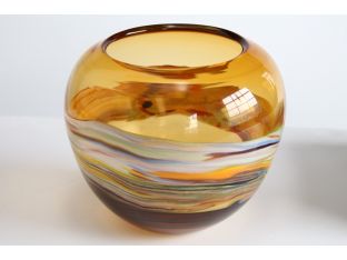 Amber Glass Vase with Colored Stripes