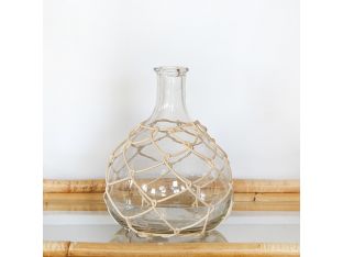 Small Glass Bottleneck Vase W/ Woven Bamboo