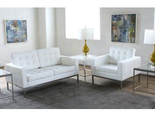 White Leather Button Tufted Knoll Style Loveseat